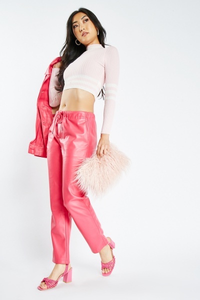Image of Drawstring Waist Faux Leather Trousers