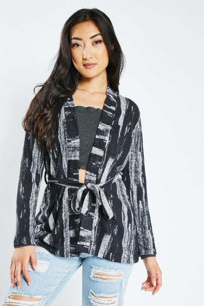 Image of Grainy Print Belted Cardigan