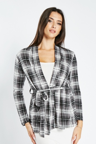 Image of Checked Tie Up Cardigan