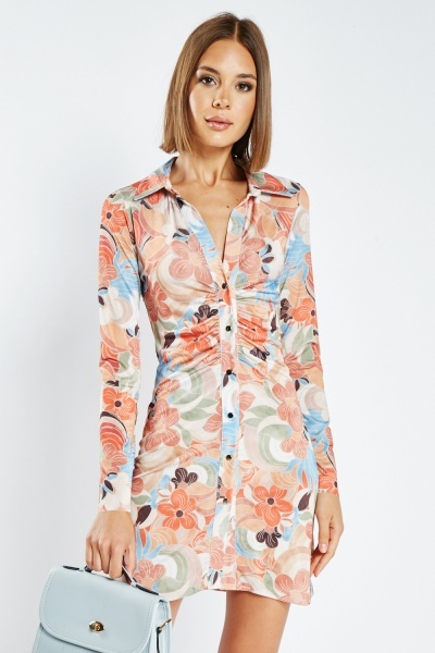 Image of Ruched Front Shirt Mini Dress