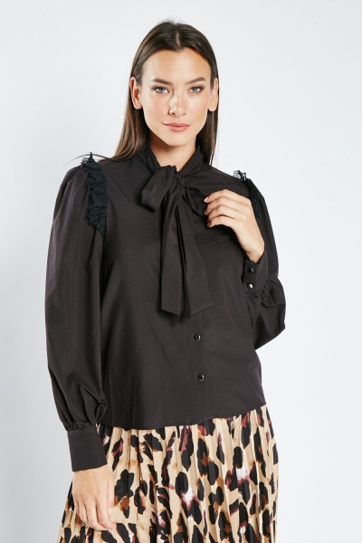 Image of Tie Up Neck Black Blouse