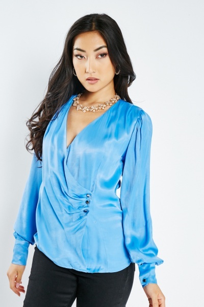 Image of Draped Silky Wrap Blouse
