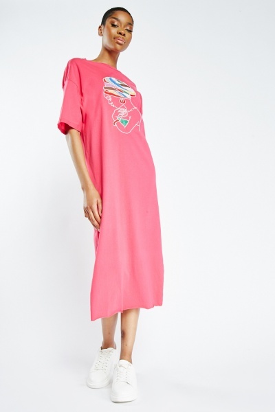 Image of Embroidered Figure Detail T-Shirt Dress