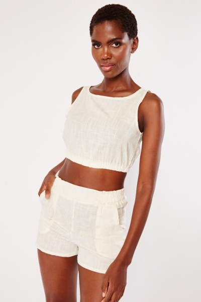 Image of Cream Crop Top And Shorts Set