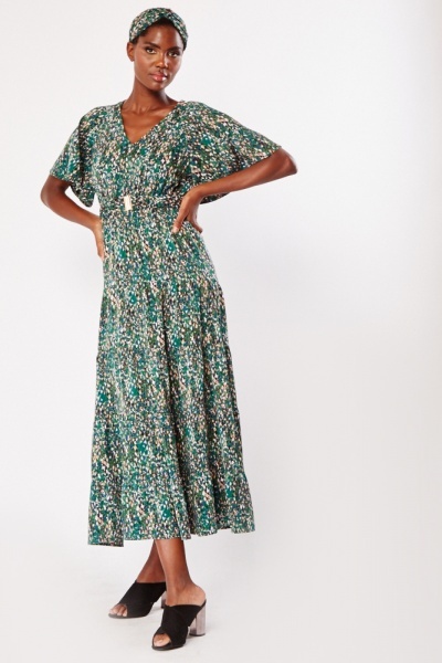 Image of Printed Ruffle Short Sleeve Maxi Dress