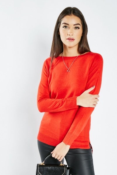 Image of Ribbed Boat Neck Knit Top