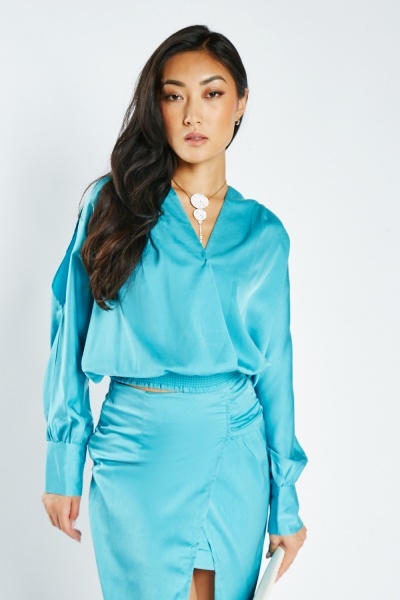 Image of Wrap Silky Blue Blouse