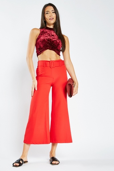 Image of Wide Leg Belted Cropped Trousers