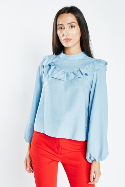 Image of Ruffle Trim Plain Blouse