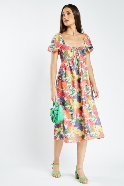 Puff Sleeve Midi Printed Dress
