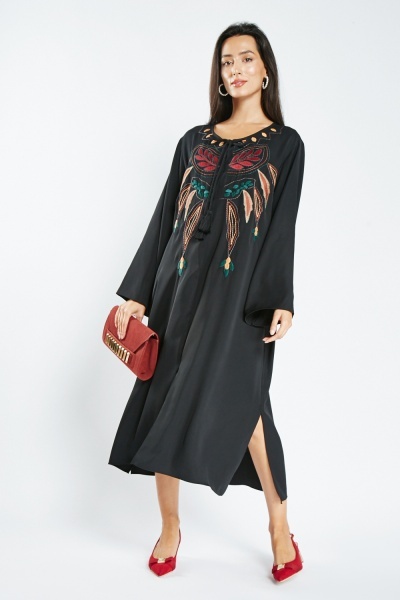 Tassel Tie Front Embroidered Dress