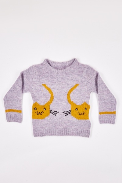 Image of Cat Print Knitted Kids Jumper