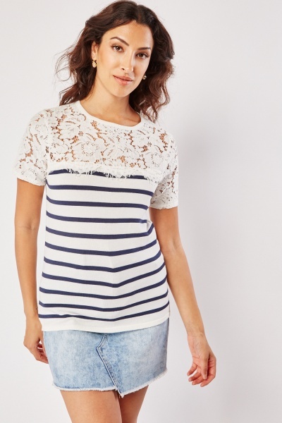 Lace Insert Striped Top