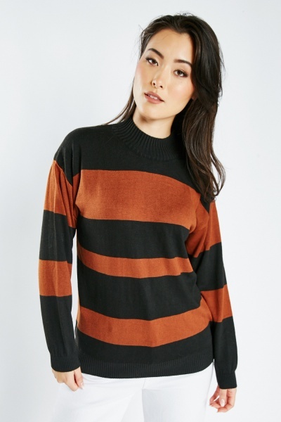 Striped High Neck Knit Jumper - Brown/Black - Just $7