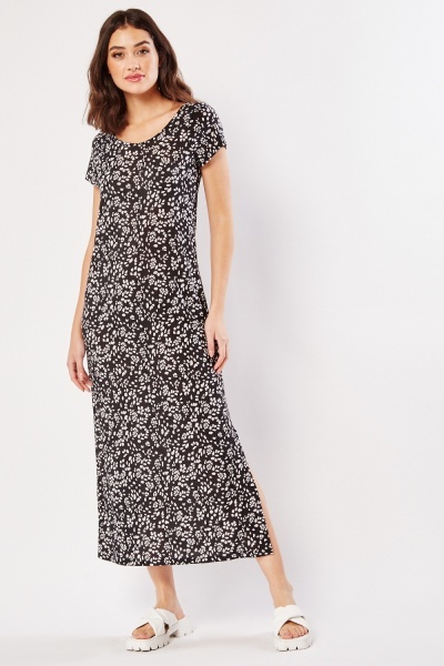 Printed Short Sleeve Slit Maxi Dress