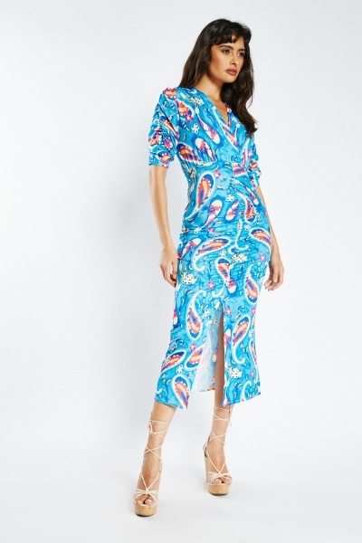 Image of Ruched Front Slit Printed Dress