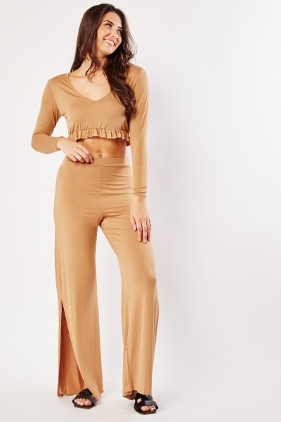 Image of Camel Crop Top And Trousers Set