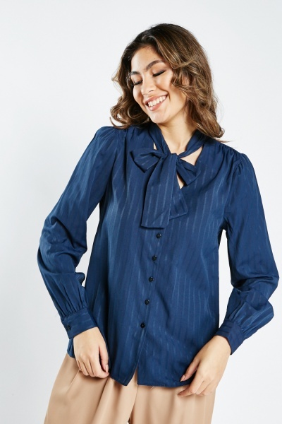Image of Pussybow Neck Striped Blouse