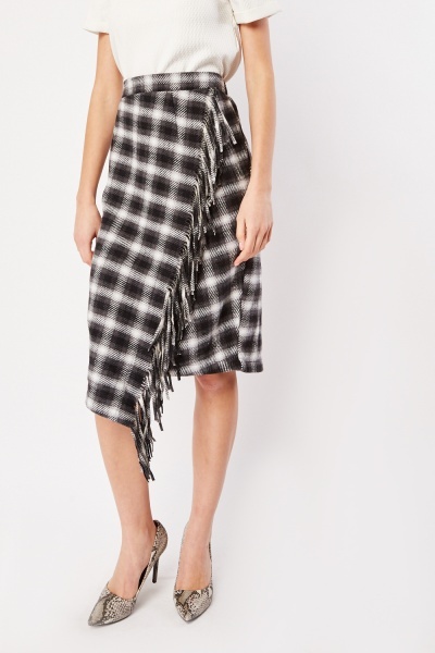Fringe Front Checkered Midi Skirt