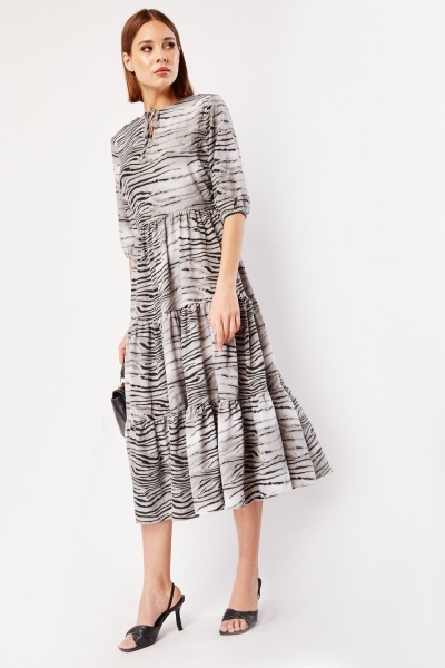 Zebra Printed Tiered Midi Dress