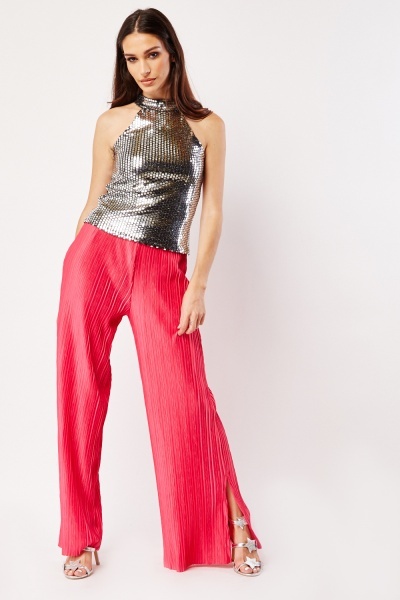 Image of Wide Leg Plisse Trousers