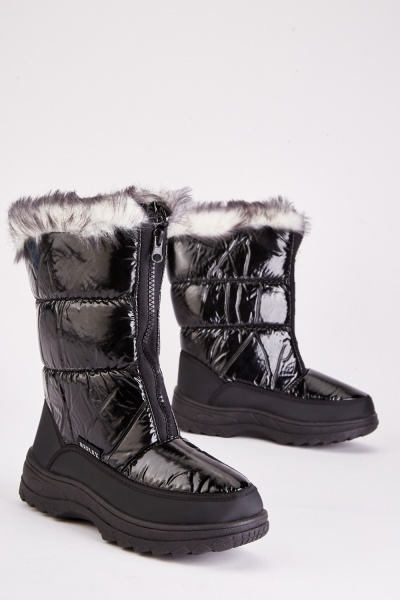 Faux Fur Trim Black Winter Boots