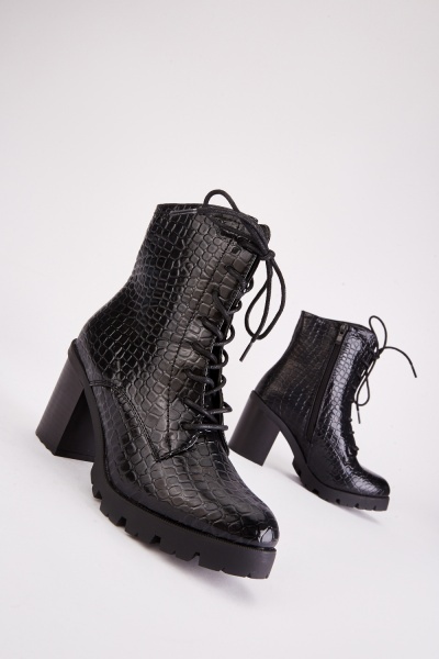 mock croc lace up heel boots