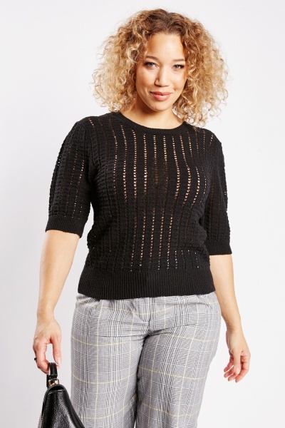 Image of Perforated Short Sleeve Knit Top