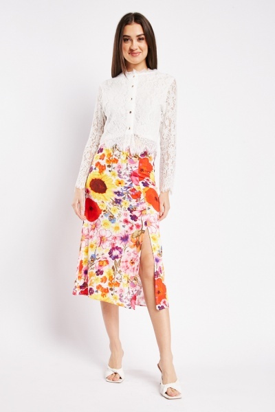 Flower Printed Front Slit Skirt