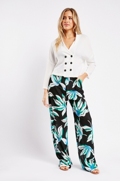 Image of Printed Textured Wide Leg Trousers