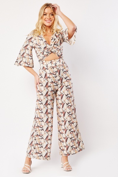Flared Leg Printed Cut Out Jumpsuit