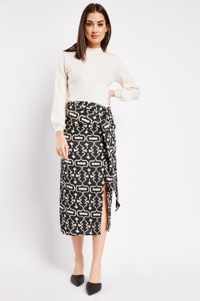 Printed Silky Side Slit Midi Skirt