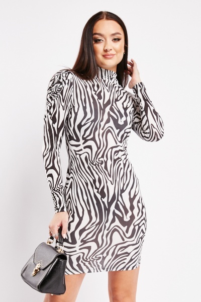 Long Sleeve Zebra Printed Bodycon Dress