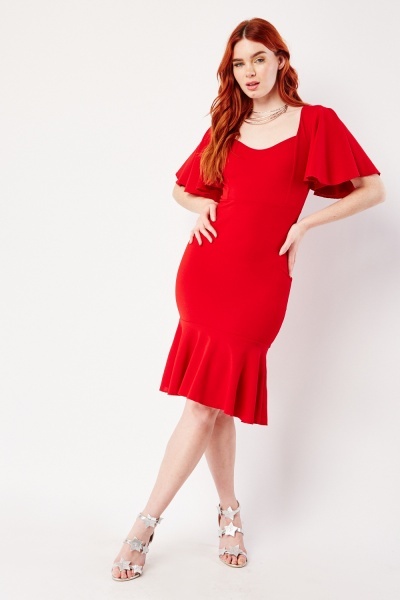 Dark Red Godet Hem Midi Dress