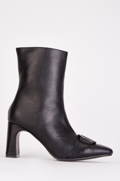 Detailed Front Faux Leather Heel Boots
