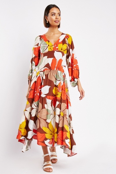 V-Neck Floral Print Maxi Dress