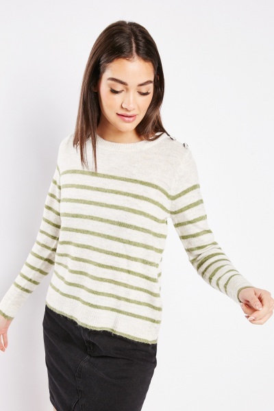 Image of Button Trim Striped Knitted Jumper