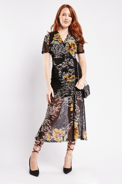 Image of Wrap Mesh Overlay Ruched Dress