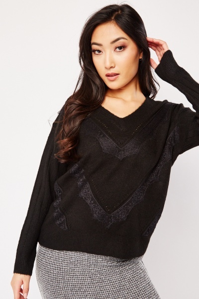 Image of Lace Overlay Panel Knitted Jumper