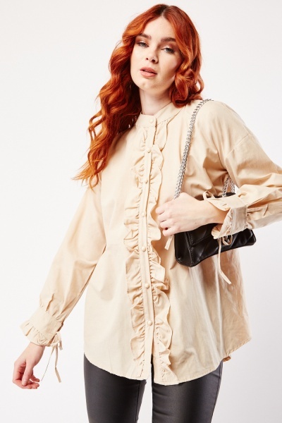 Image of Tie Up Sleeve Ruffle Trim Blouse