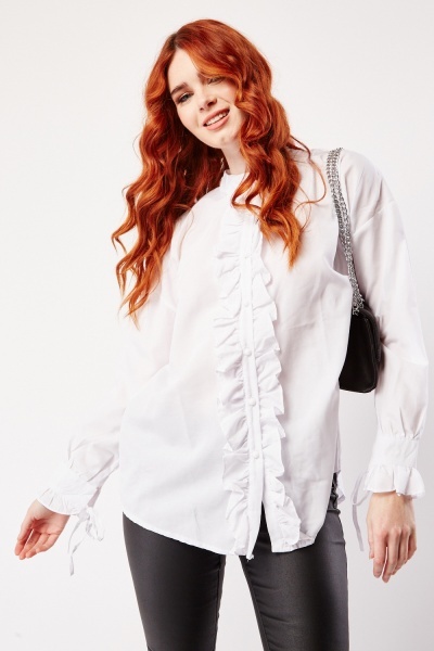 Image of Tie Up Sleeve Ruffle Trim Blouse