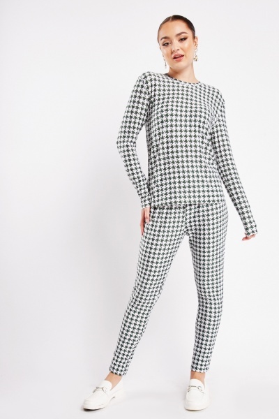 Houndstooth Print Top And Trousers Set