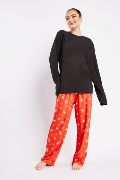 Image of Two Piece Contrasted Snowflake Bottoms Pyjama Set