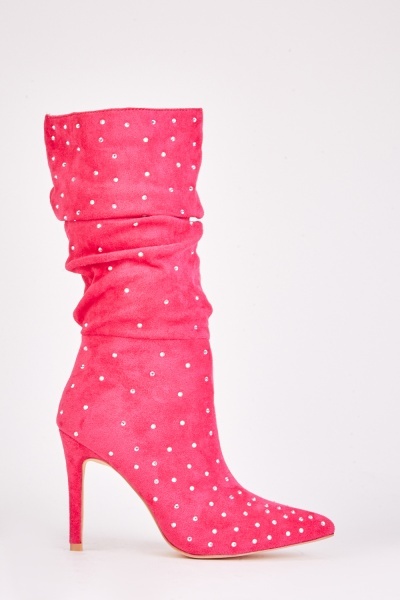 Diamante Faux Suede Ruched Boots