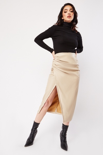 Image of Ruched Panel Faux Leather Midi Skirt