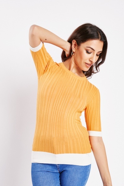Contrasted Short Sleeve Rib Knit Top