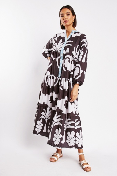 Printed Batwing Sleeve Tiered Maxi Dress