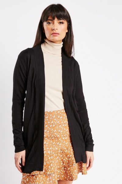 Thin Knit Open Front Black Cardigan