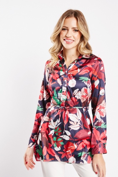Image of Floral Print Silky Blouse