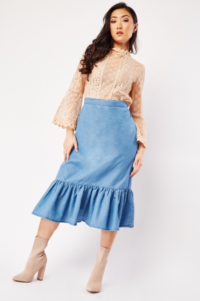 Ruffle Hem Cotton Denim Skirt